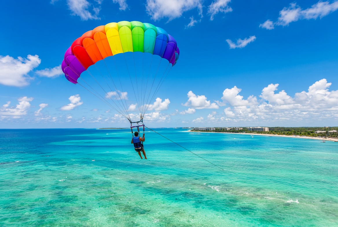 Parasailing over turquoise water